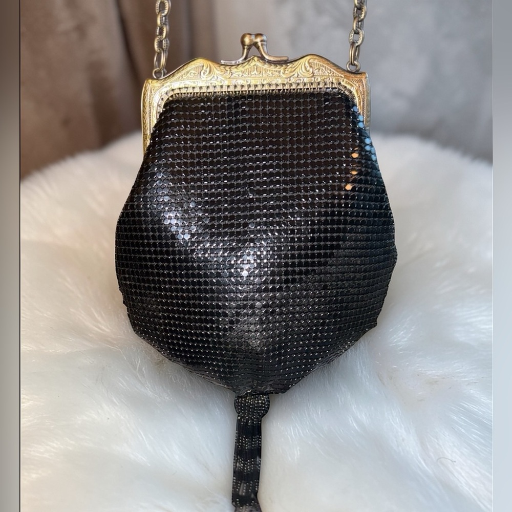 Vintage Art Deco Whiting & Davis Metal Mesh Black Formal Strap Purse